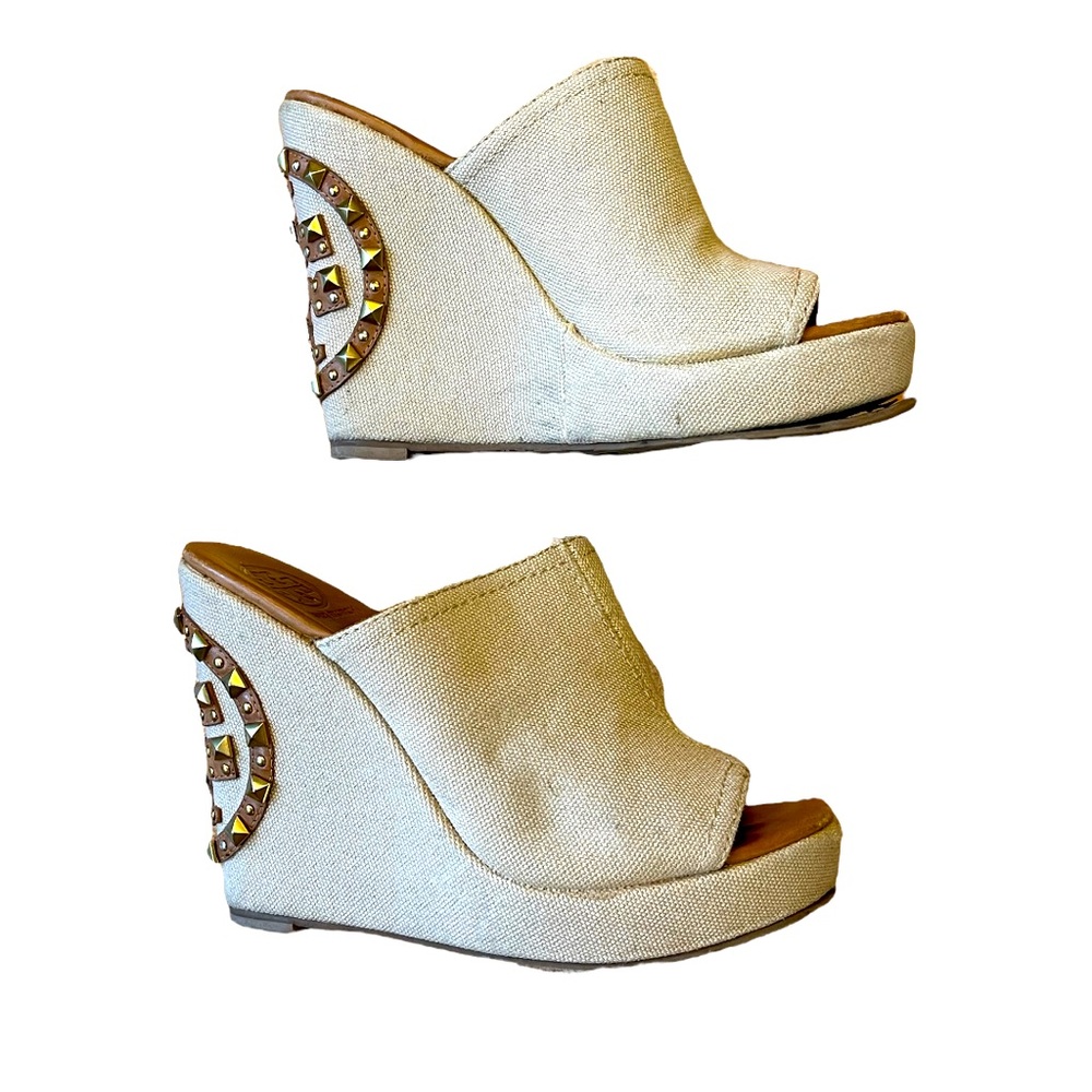 Tory Burch Beige Canvas Meredith Platform Wedge Sandals size 7 see description